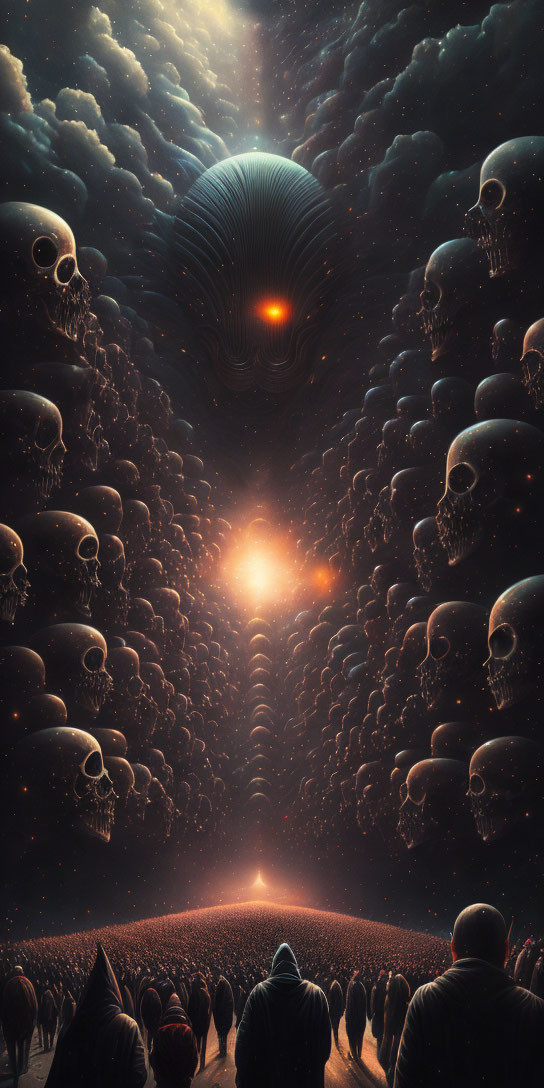 Surreal artwork: person gazes at skull-filled sky with glowing light