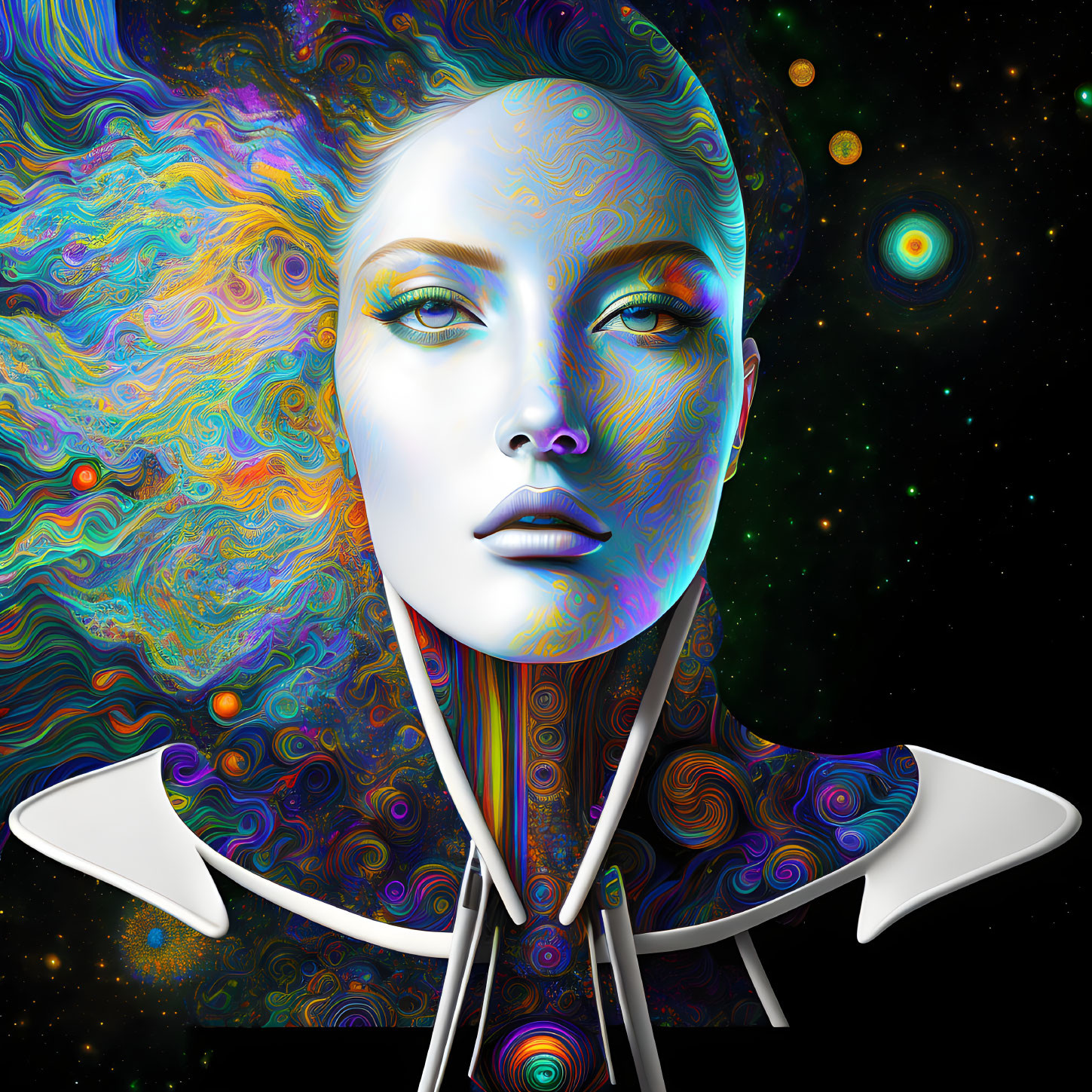 Surreal digital artwork: Female figure with cosmic swirl patterns on skin in starry space.