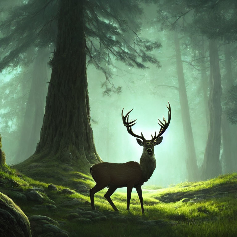 Majestic stag in sunlit forest clearing with misty atmosphere