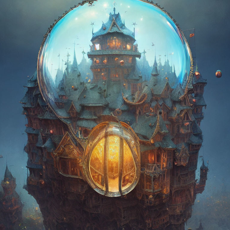 Floating castle in protective bubble with golden door in dusky sky