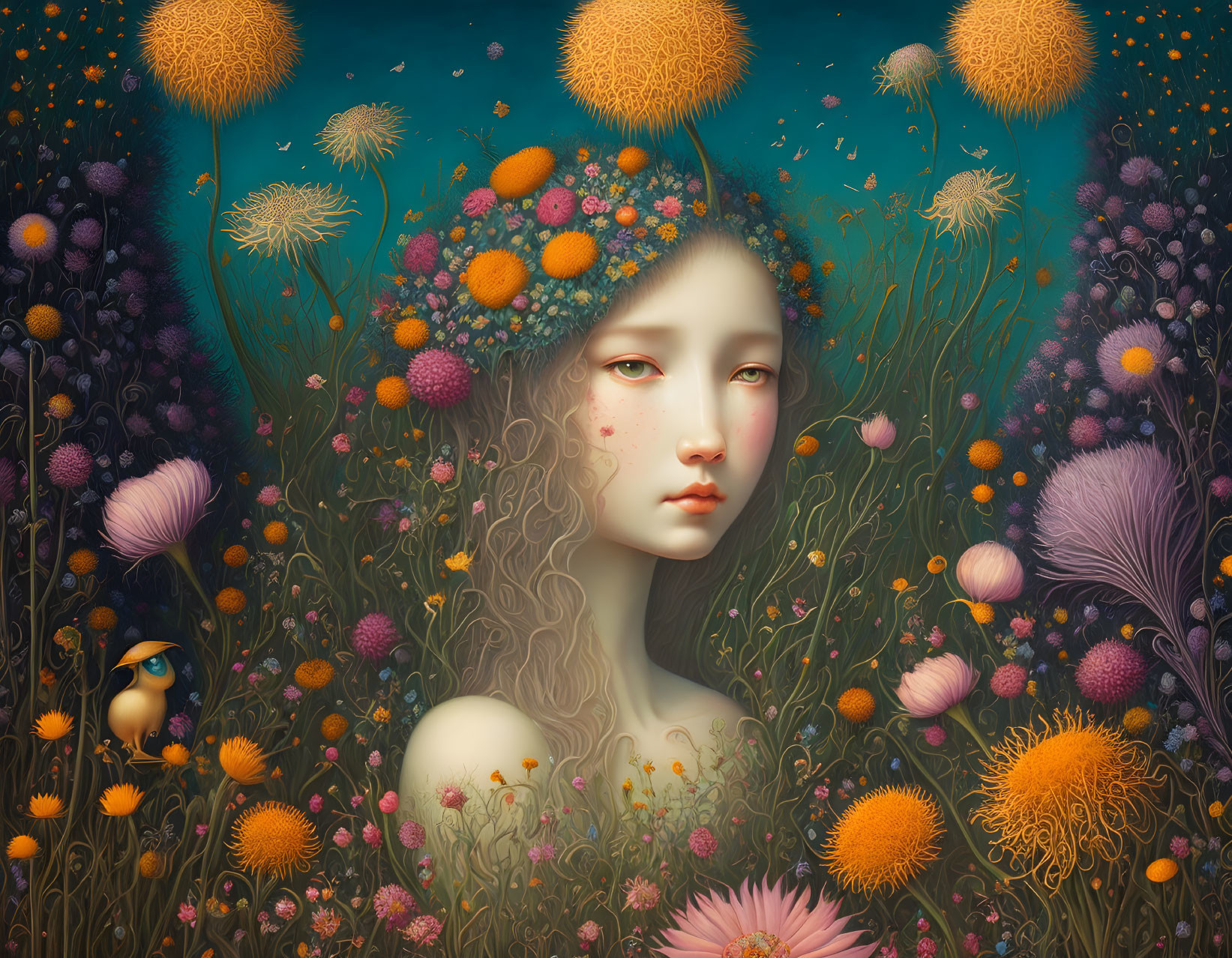 Surreal portrait of woman with flora hair in underwater scene