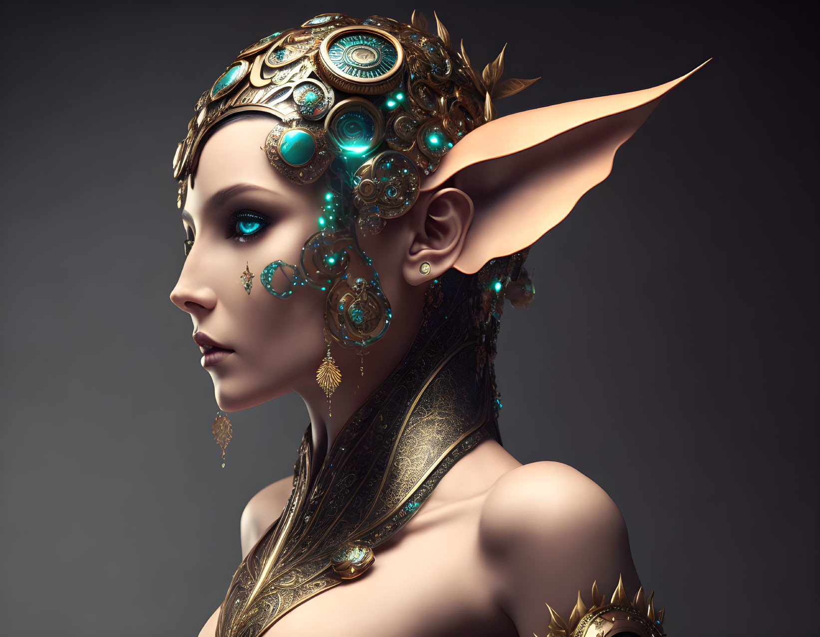 Fantasy female character with pointed ears in golden headgear and teal gemstones