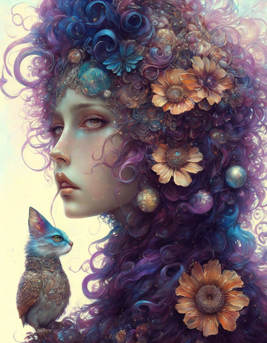 Vibrant surreal portrait of a woman with floral and cosmic-themed hair and a fantastical blue bird