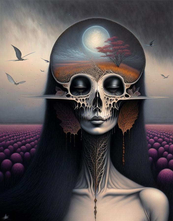 Surreal portrait blending woman's face and skull with eerie landscape and birds