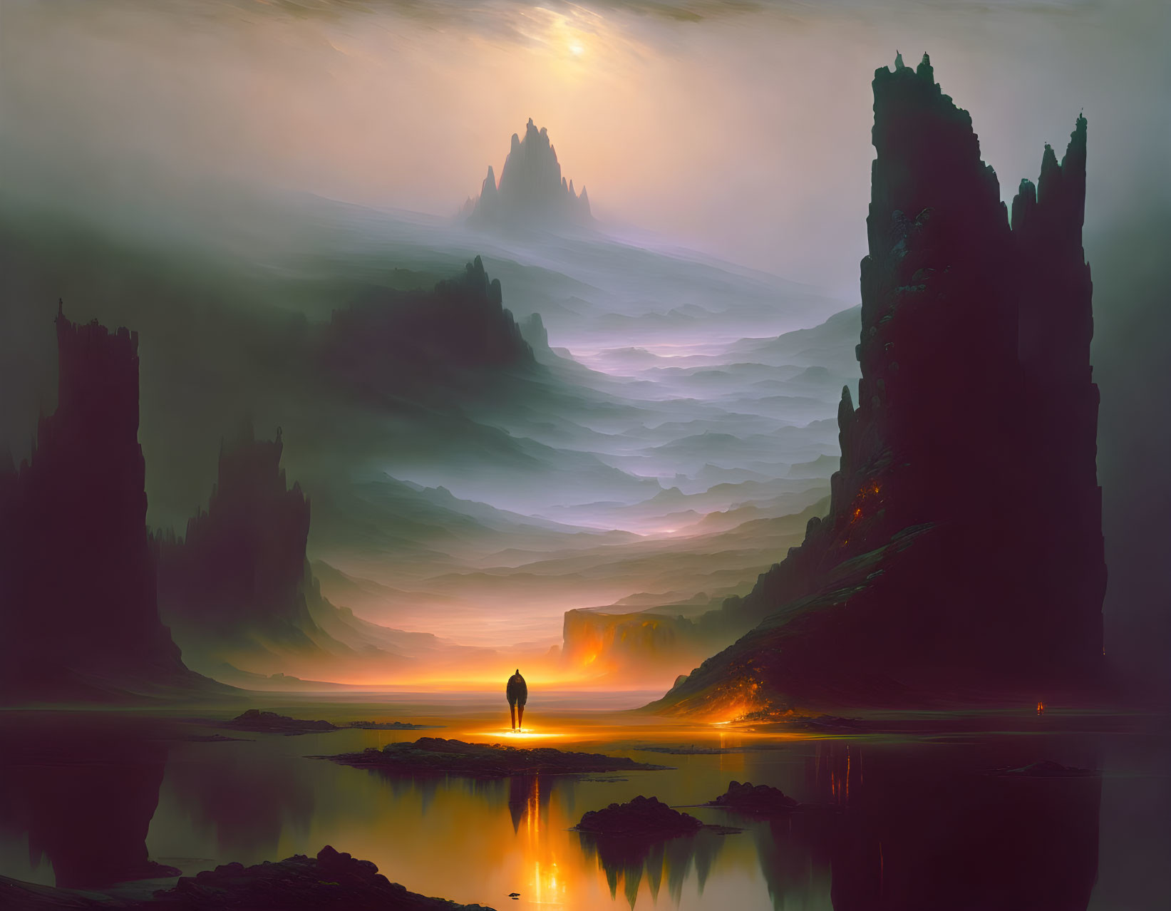 Solitary figure in misty mountain landscape with glowing light and serene water