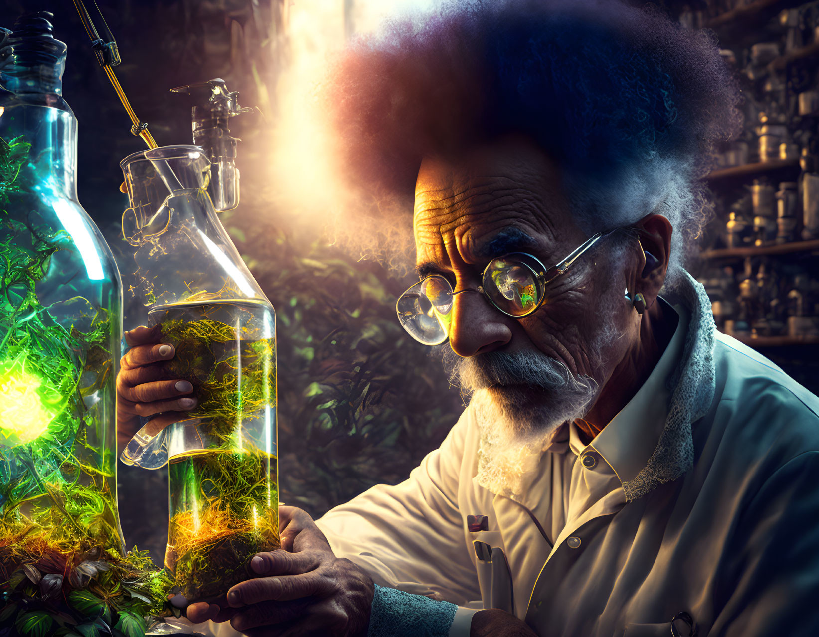 Elderly Scientist Examining Green Substance in Flask