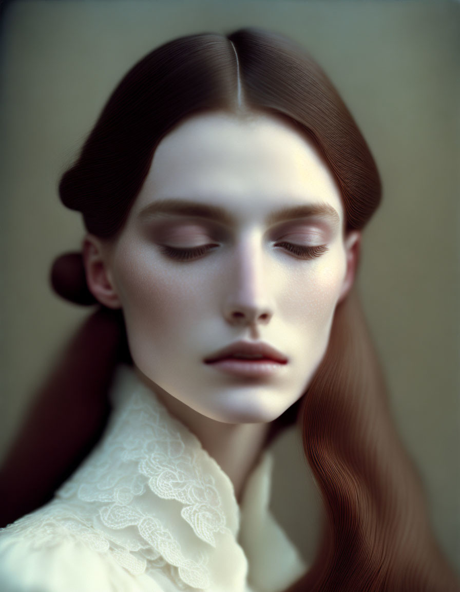 Serene portrait with intricate hair and lace collar