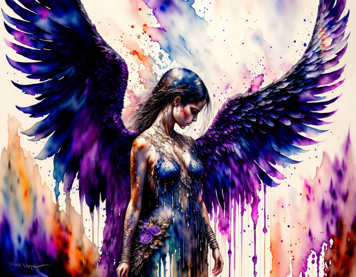 Colorful Illustration of Woman with Dark Wings in Purple Background