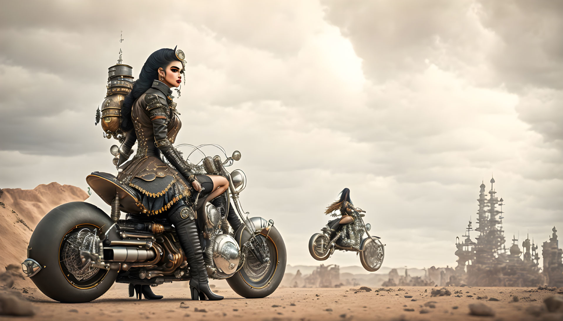 Futuristic woman in black outfit on custom motorcycle in desert landscape