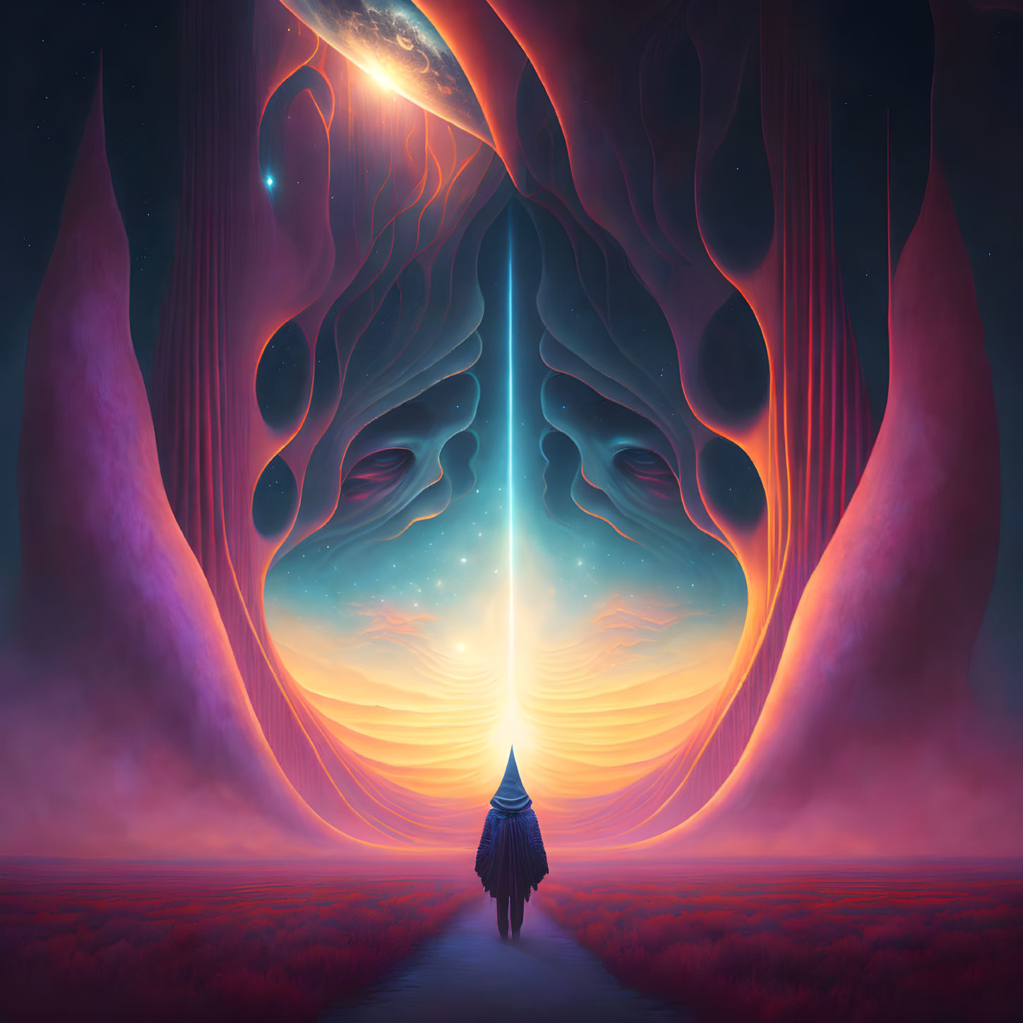 Solitary figure in red field gazes at cosmic gateway in surreal setting