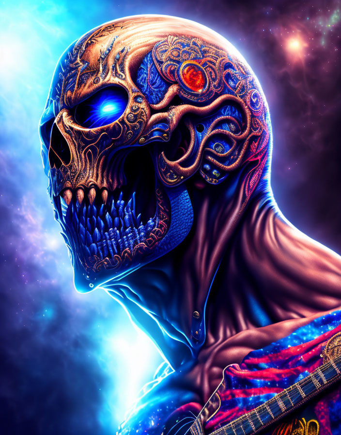 Fantastical skull art with glowing blue eyes in cosmic setting