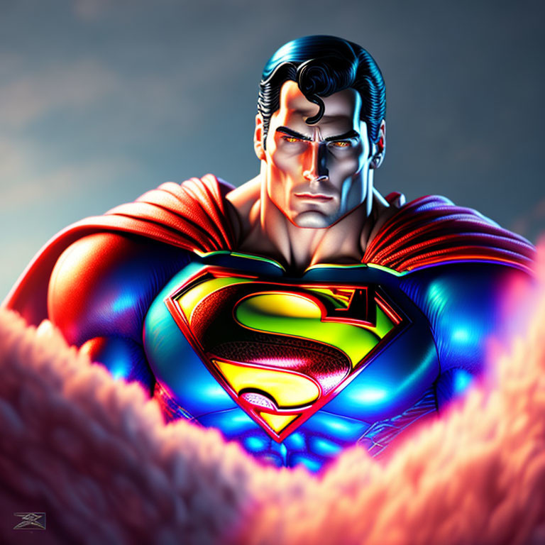 Illustration of Superman with 'S' emblem, blue suit, and red cape on dramatic sky backdrop