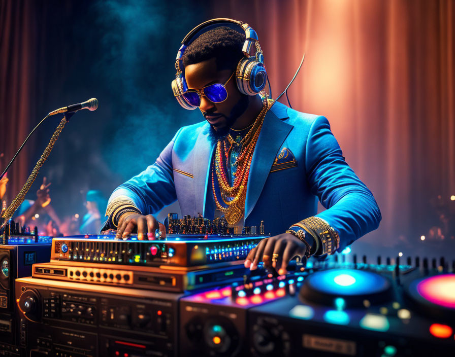 DJ mixing on turntable with colorful lights and microphone