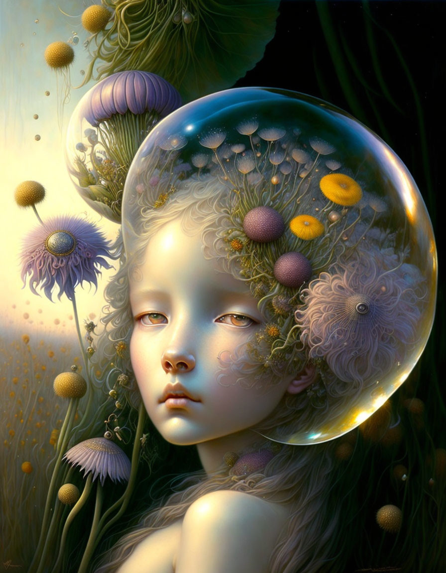 Surreal portrait with transparent dome head and floating flowers and fungi against jellyfish-like backdrop