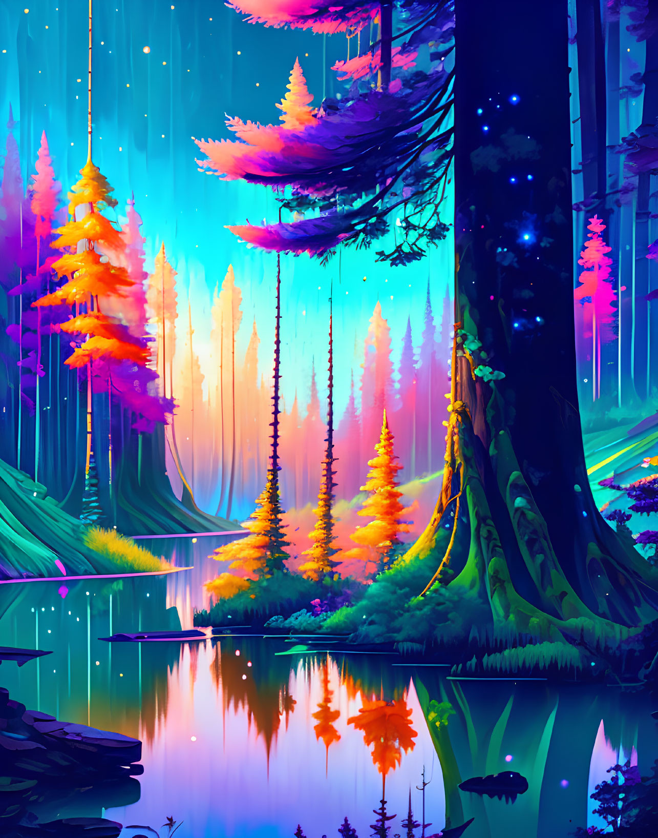 Colorful Forest with Illuminated Trees Reflecting in Tranquil Lake