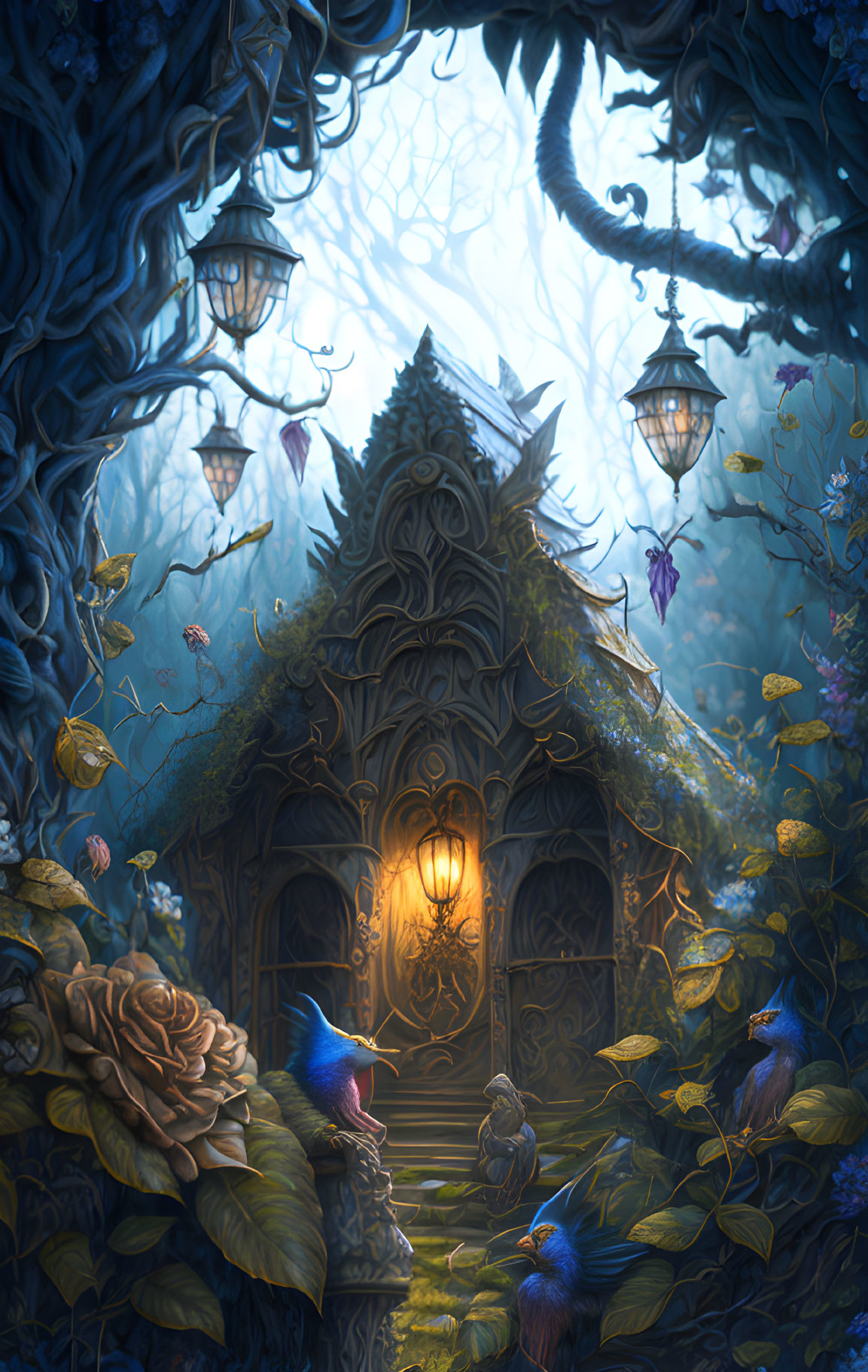 Whimsical cottage in magical forest with lanterns and bluebirds