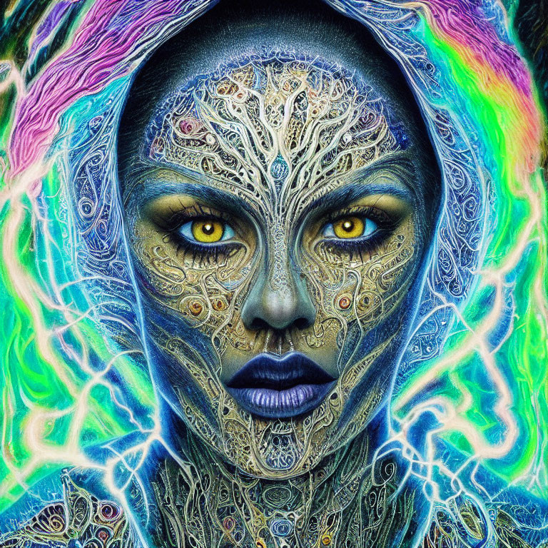 Colorful digital artwork of otherworldly female entity with intricate patterns and neon colors.