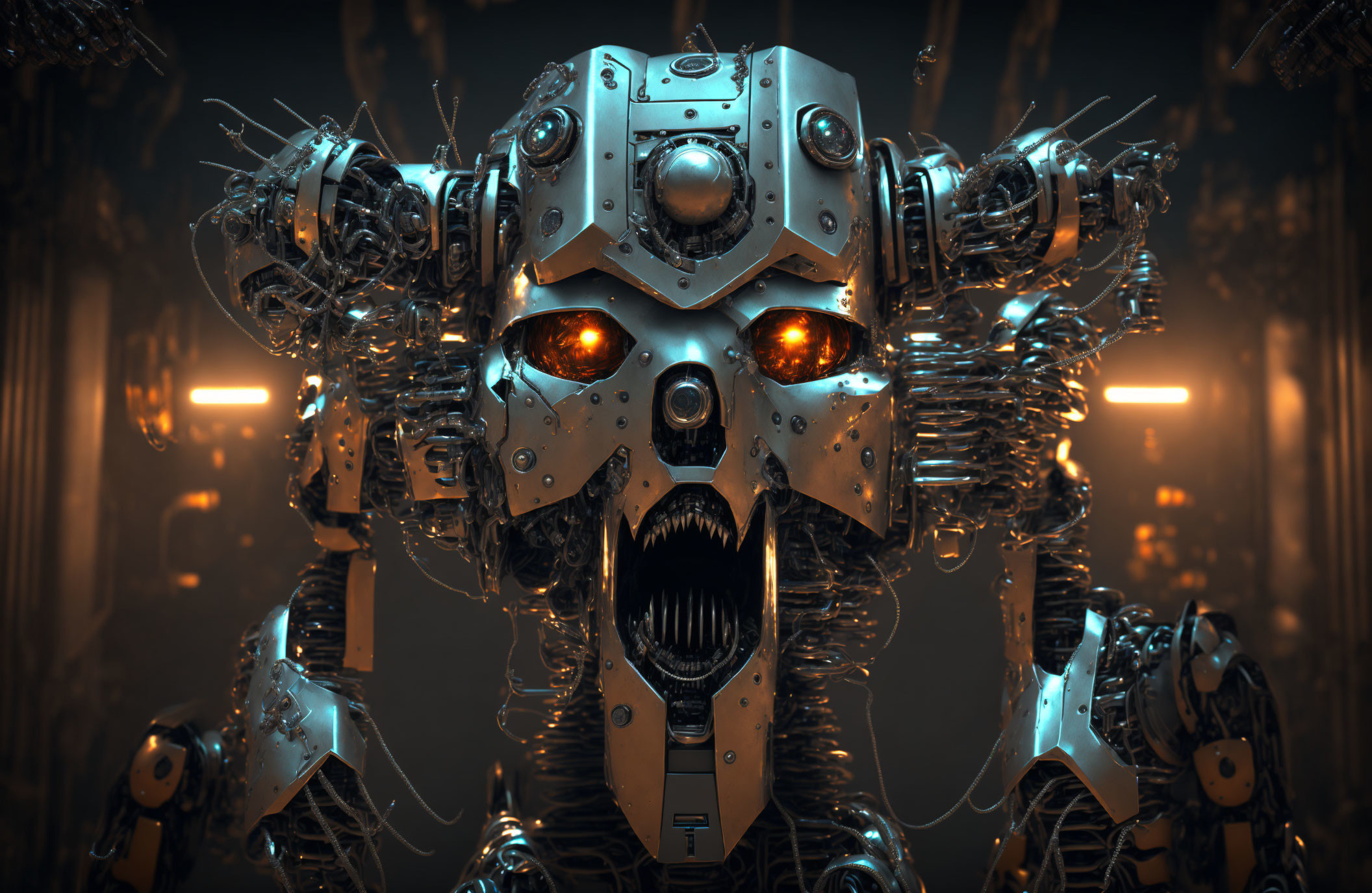 Menacing robot with glowing orange eyes in dimly lit industrial setting