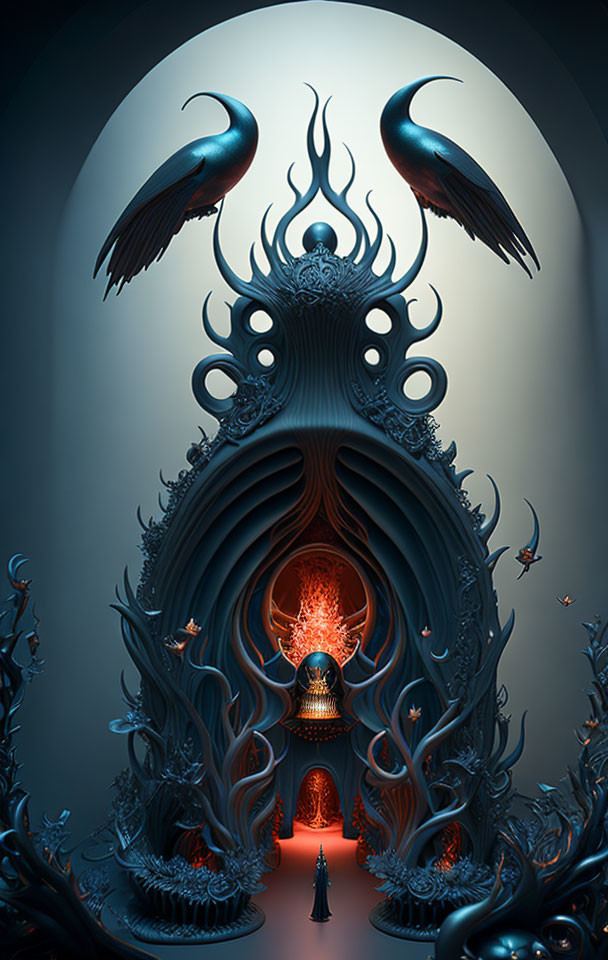 Surreal fantasy artwork with ornate archway, ravens, intricate patterns, figure & red