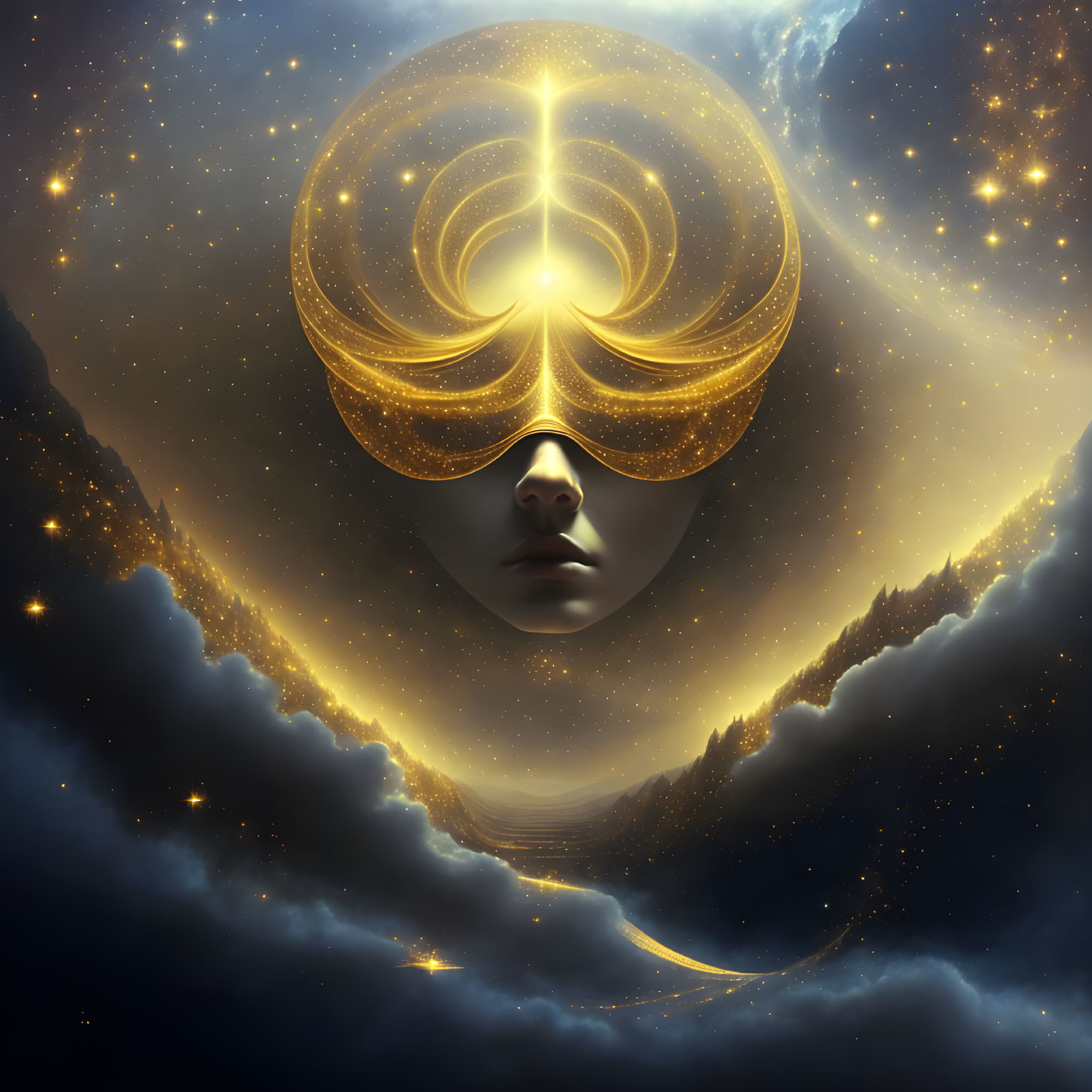 Surreal face with cosmic mask in starry sky and golden nebulous clouds