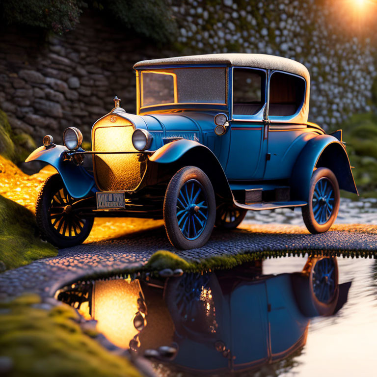 Vintage Blue Car Parked by Reflective Puddle on Cobblestone Path