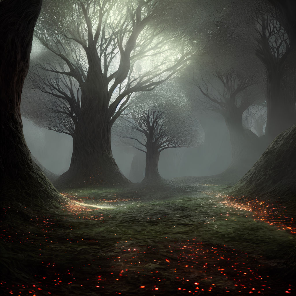 Enigmatic Forest Scene with Gnarled Trees and Red Lights