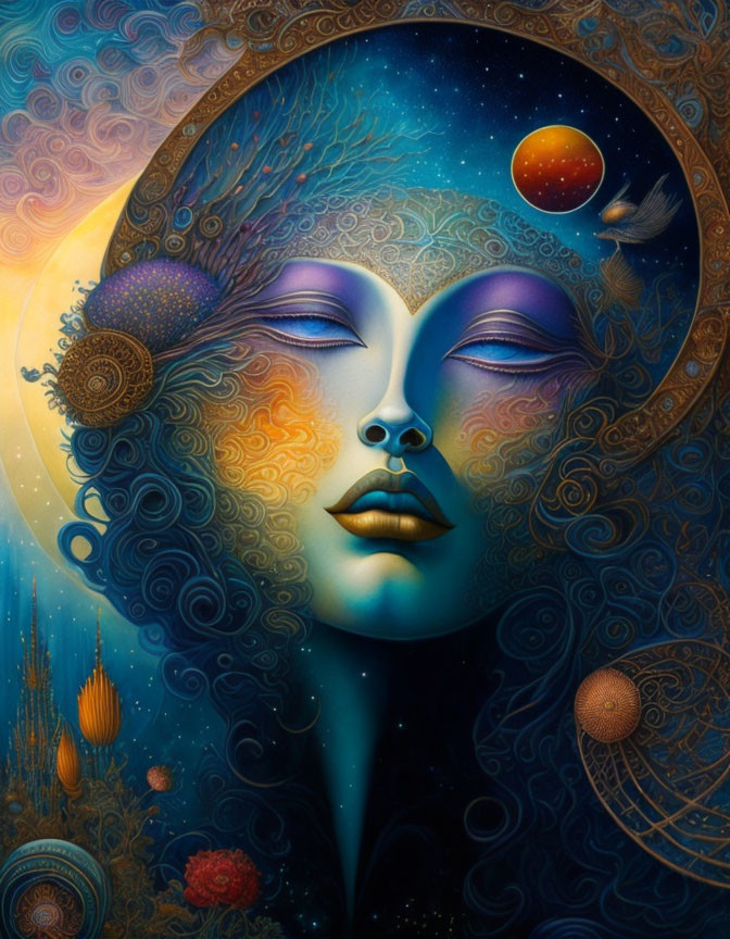 Illustration of serene cosmic female face with closed eyes and celestial surroundings