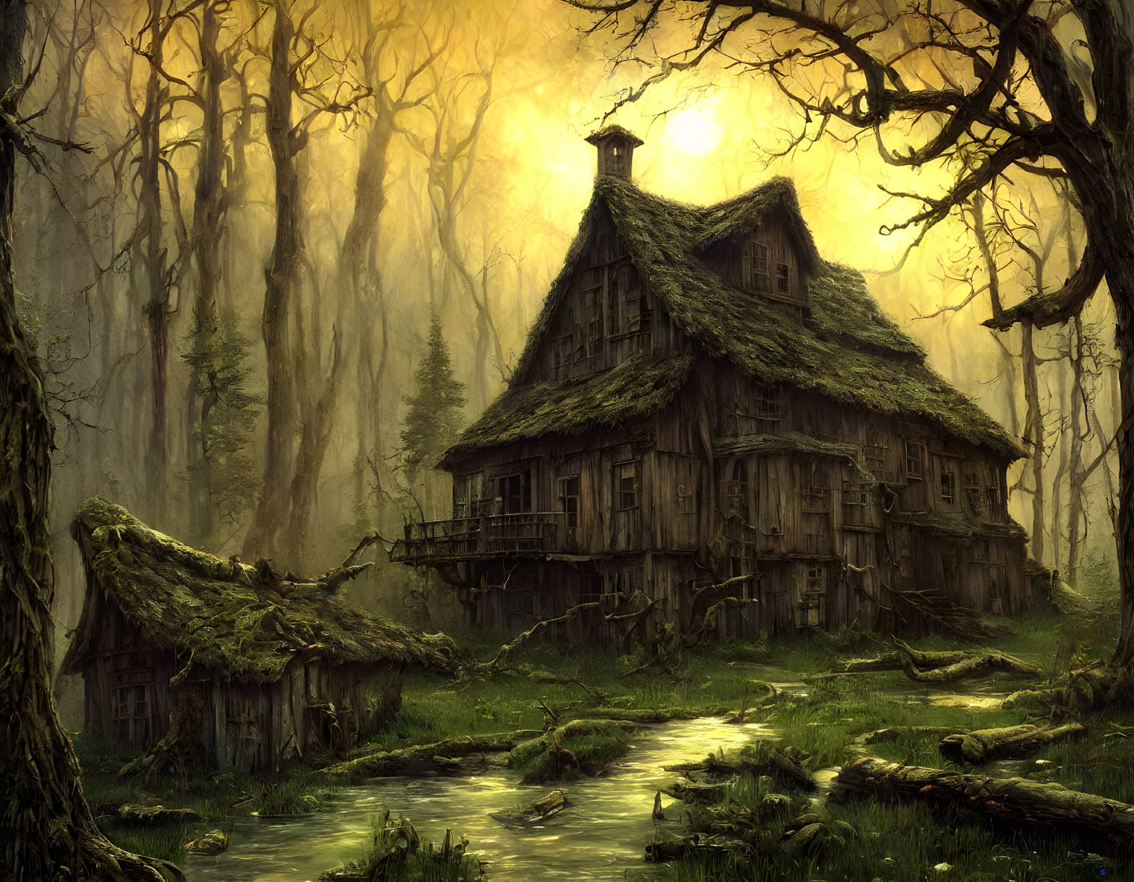 Rustic two-story cabin in misty forest with golden light and stream.