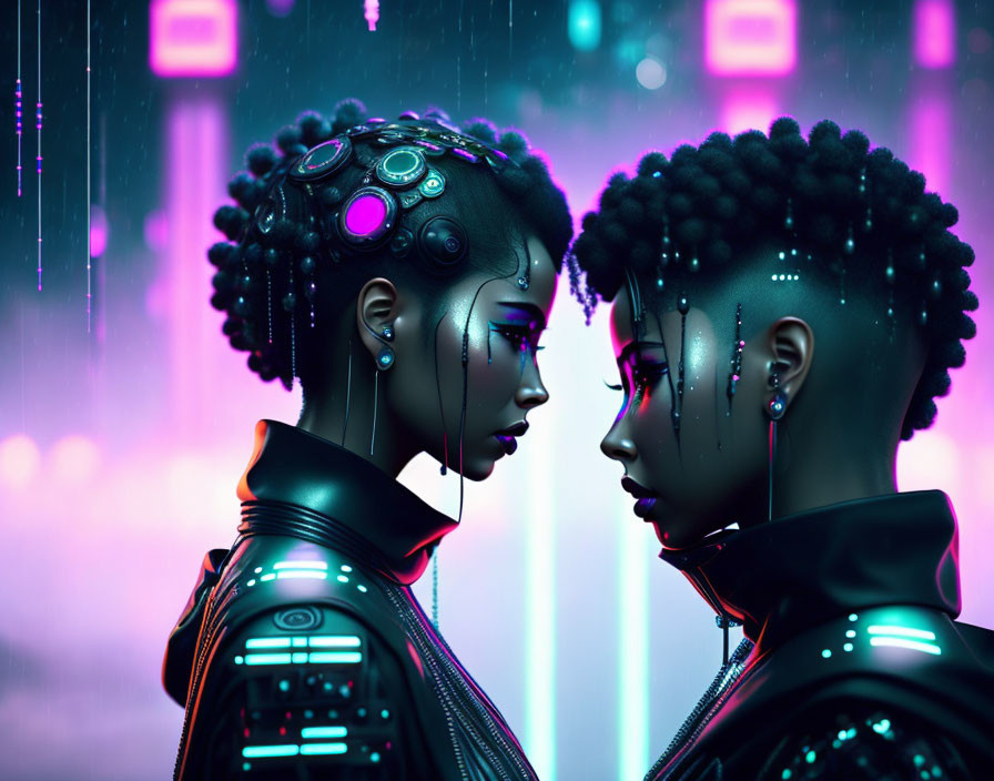 Futuristic androids with cybernetic features in neon-lit setting