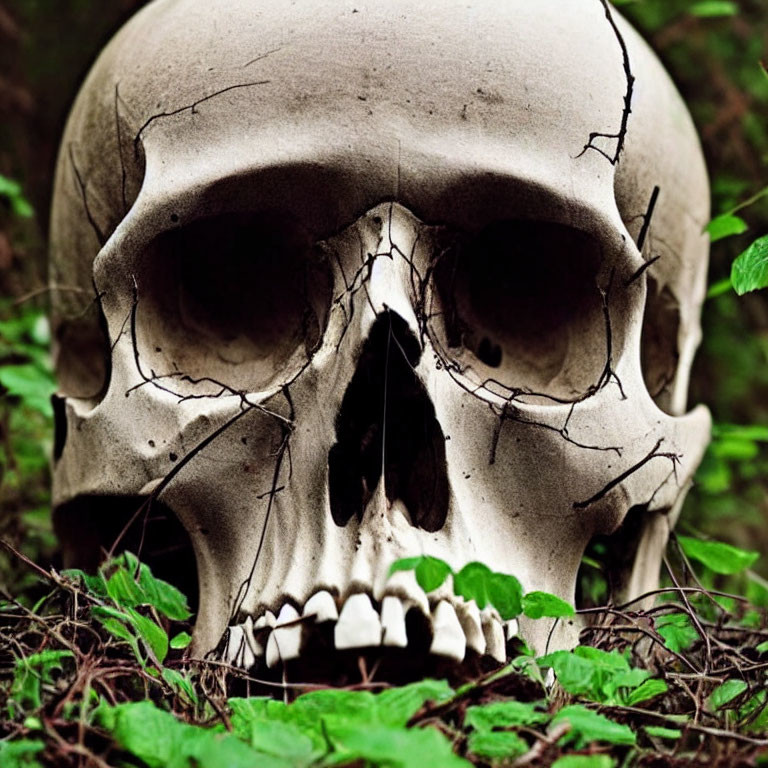 Cracked human skull in forest setting among green foliage