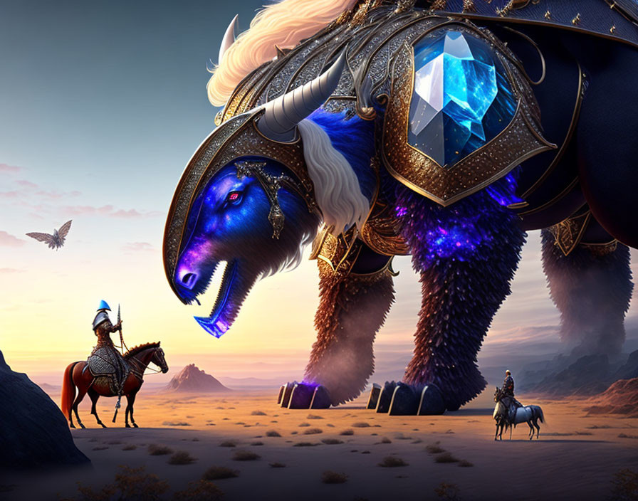 Armored creature with blue crystal in desert landscape with riders