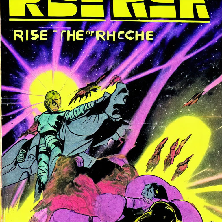 Vintage-Style Comic Book Cover: Space Scene with Central Character, Sun, Spacecraft, and Cosmic