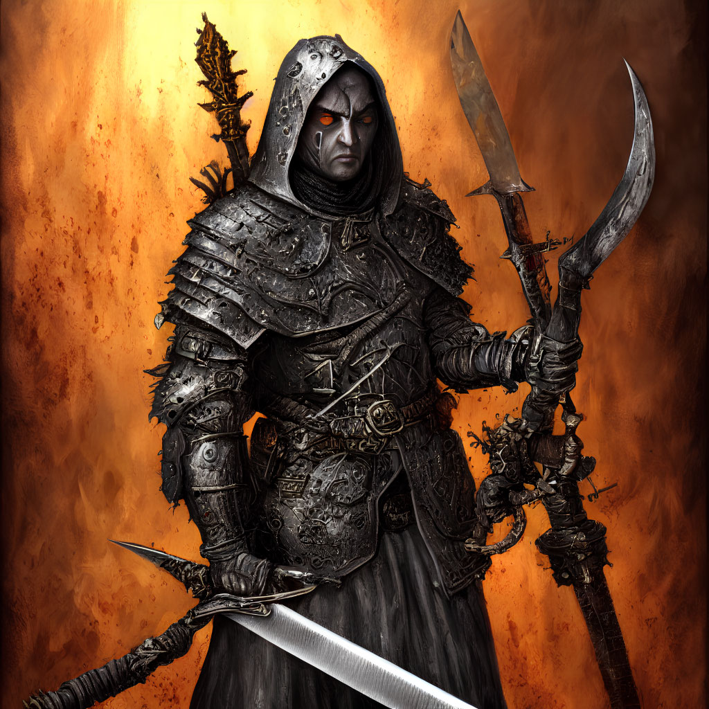 Dark Armored Warrior with Scythe and Sword in Fiery Setting