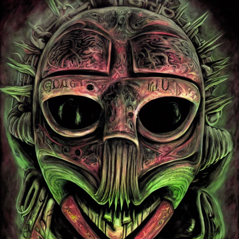 Intricate mask design with eyes and teeth on dark background