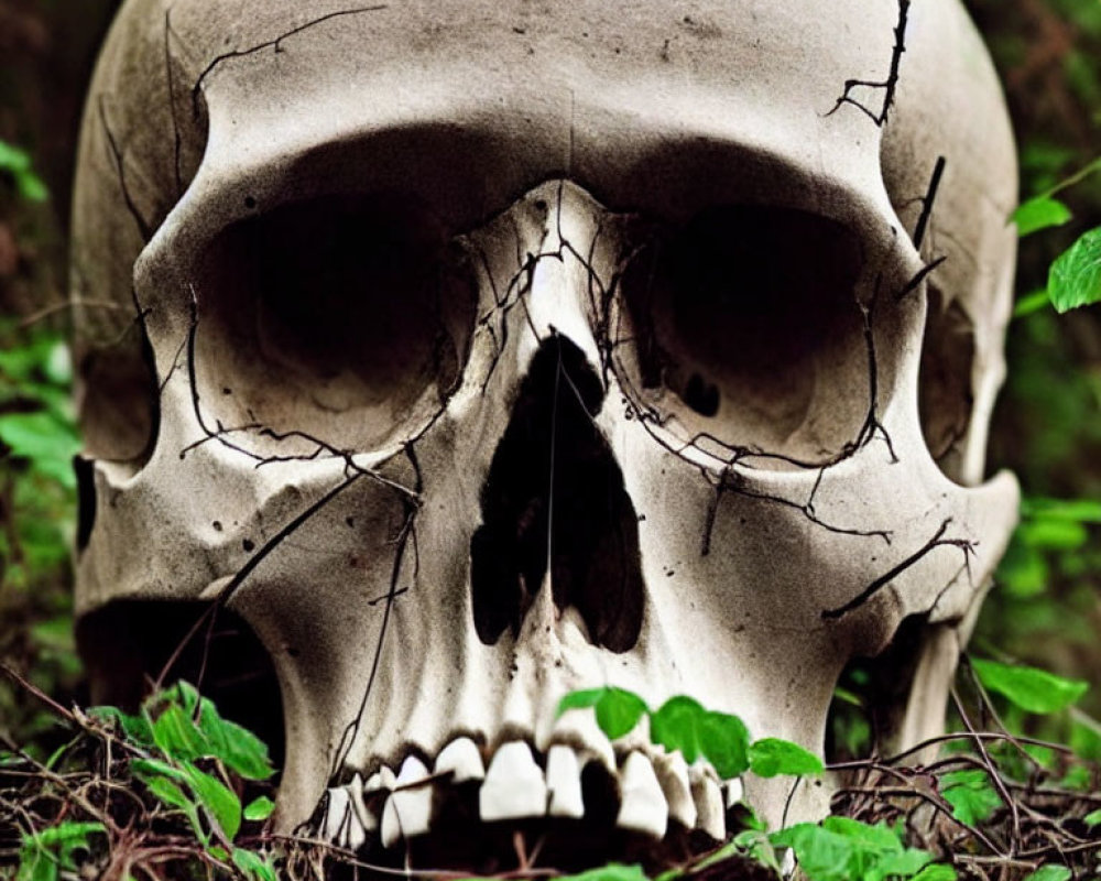 Cracked human skull in forest setting among green foliage