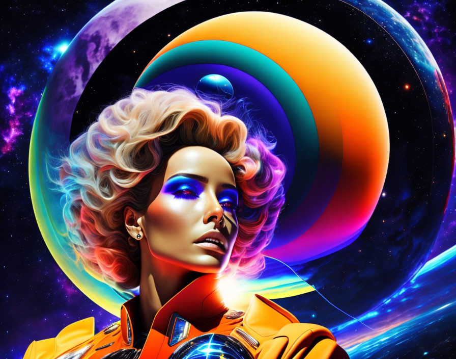 Colorful digital artwork: Woman with cosmic makeup and hair among planets and stars