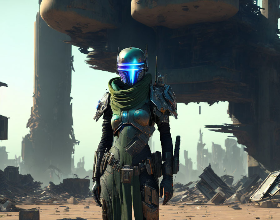 Futuristic warrior in glowing blue visor in post-apocalyptic landscape