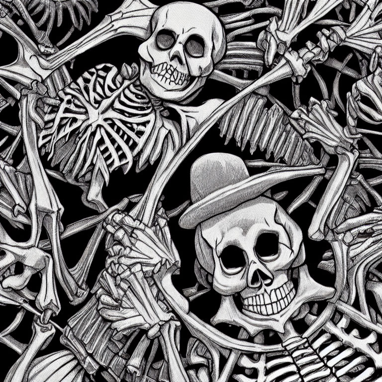 Monochrome skeleton illustrations with fedora hat, displaying different expressions on dark background