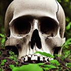 Cracked human skull in forest setting among green foliage