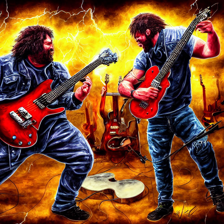 Animated Guitarists in Denim Playing with Fiery Background