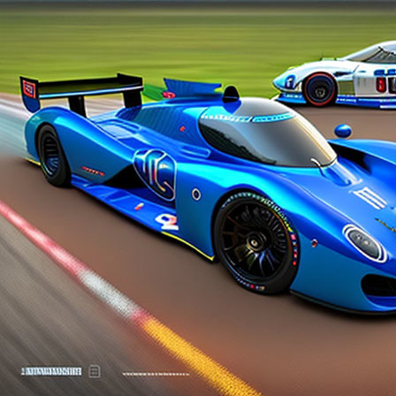 Speeding Blue Race Car on Track with Motion Blur and Second Car