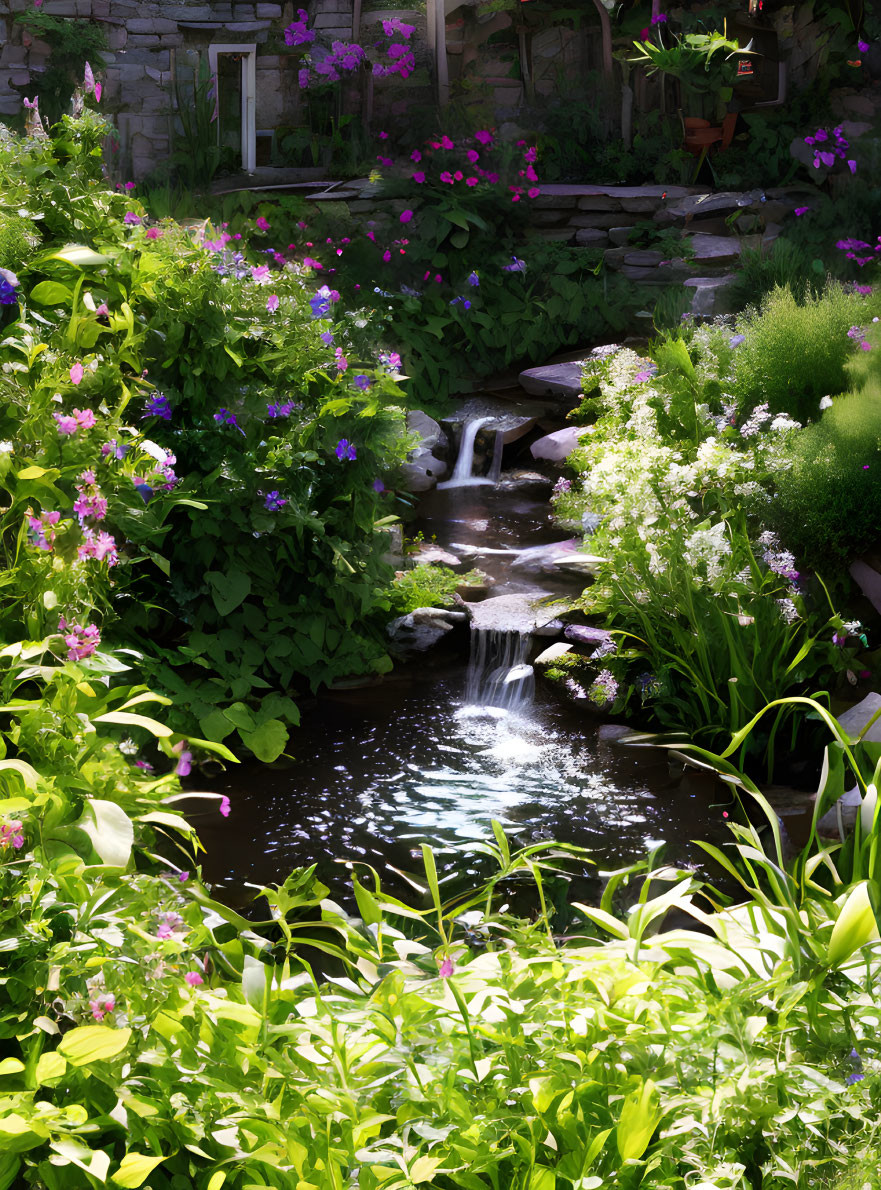 Tranquil Garden Pond Surrounded by Lush Greenery