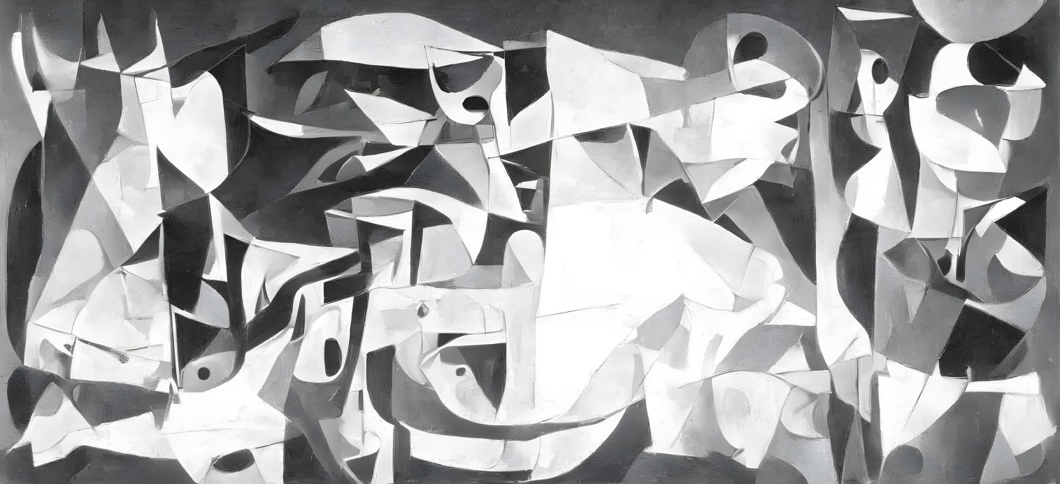 Abstract Monochromatic Painting with Geometric Shapes in Shades of Gray