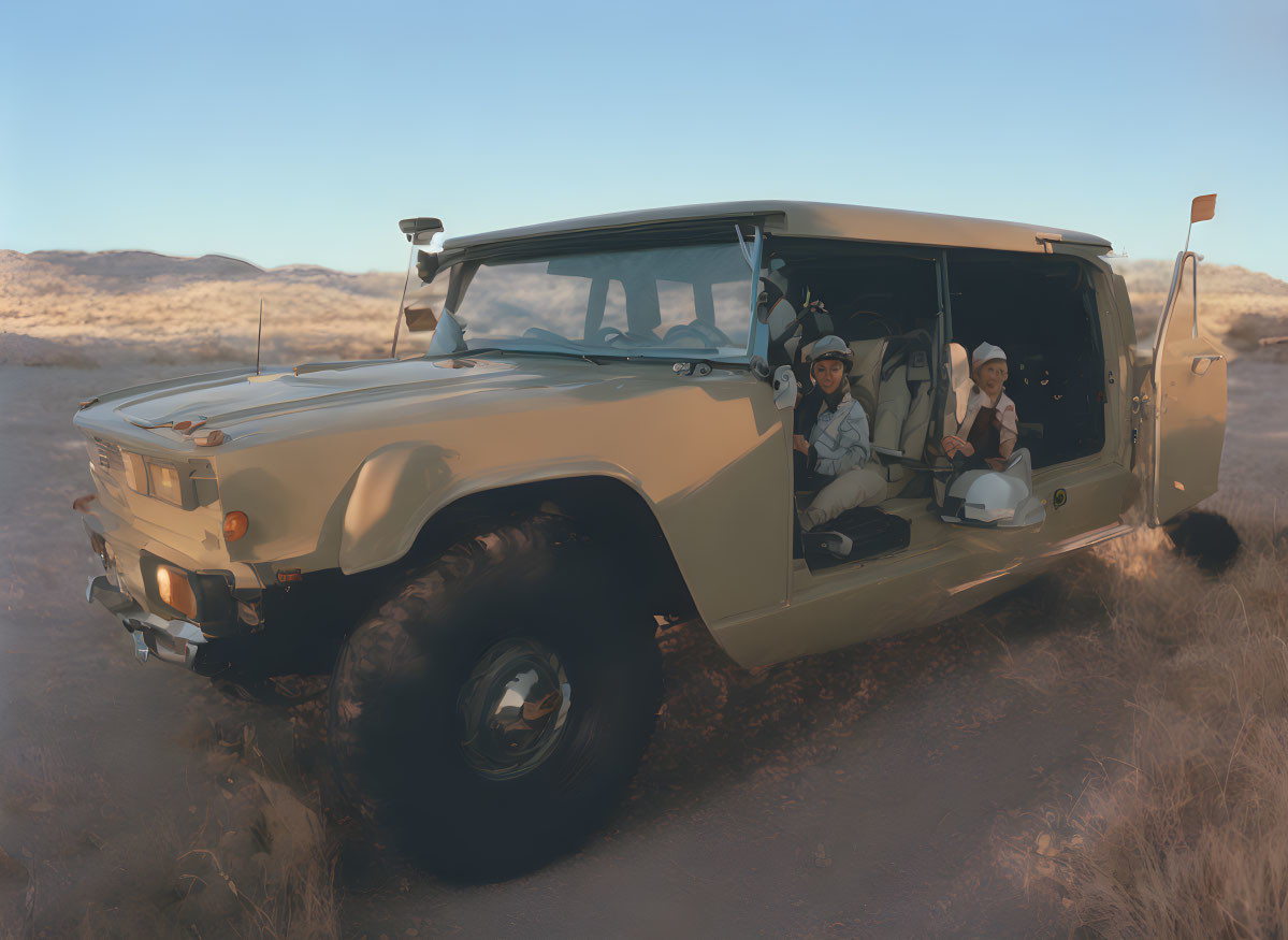 Two people in hats inside a Humvee in desert terrain