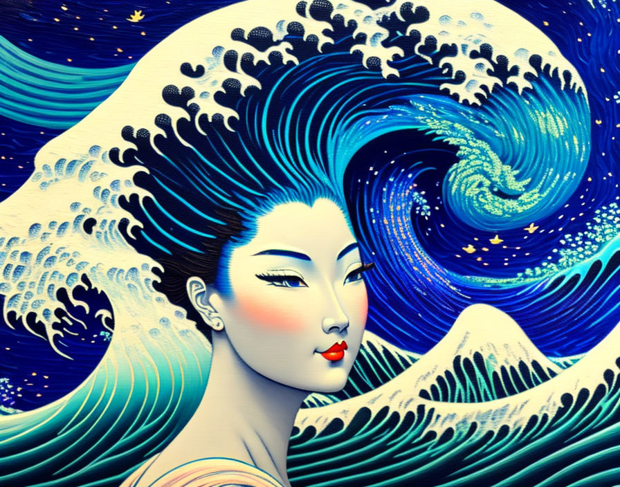 Stylized ocean wave blending with a woman's face in blue palette