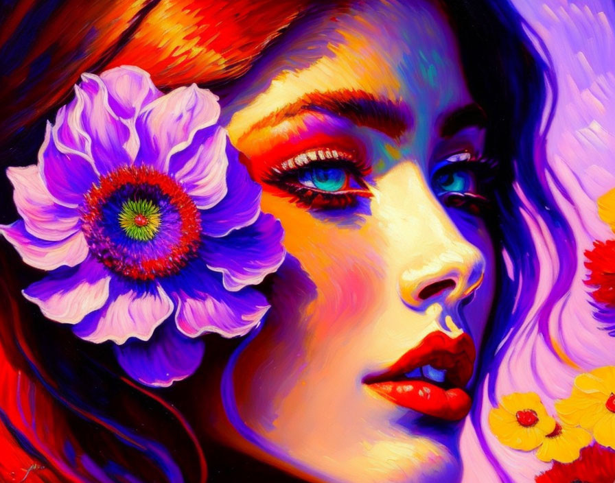 Portrait of Woman with Blue Eyes and Red Lips Surrounded by Colorful Flowers