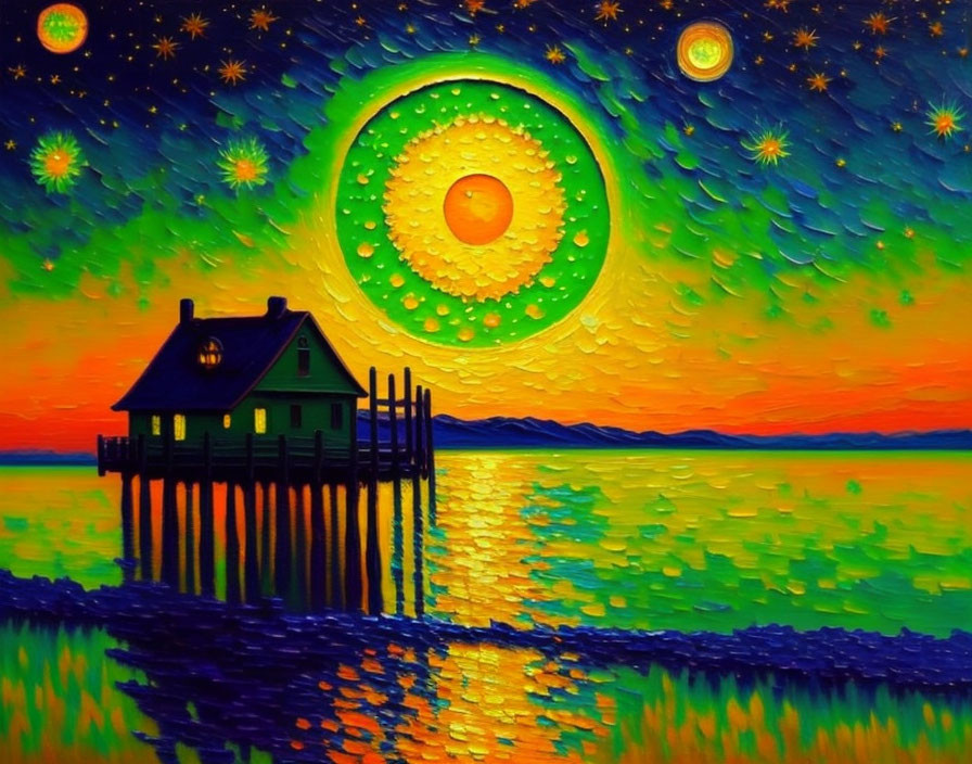 Colorful painting: Green stilt house by the sea with sun, swirling sky, and starry