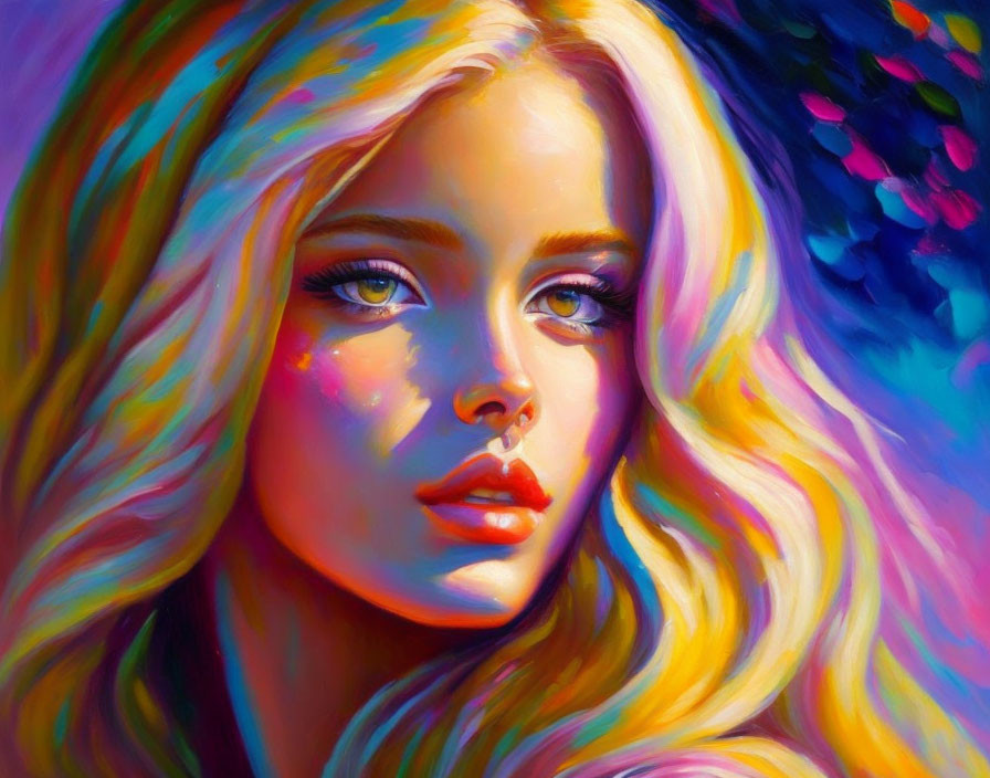 Colorful portrait of woman with blonde hair and blue eyes