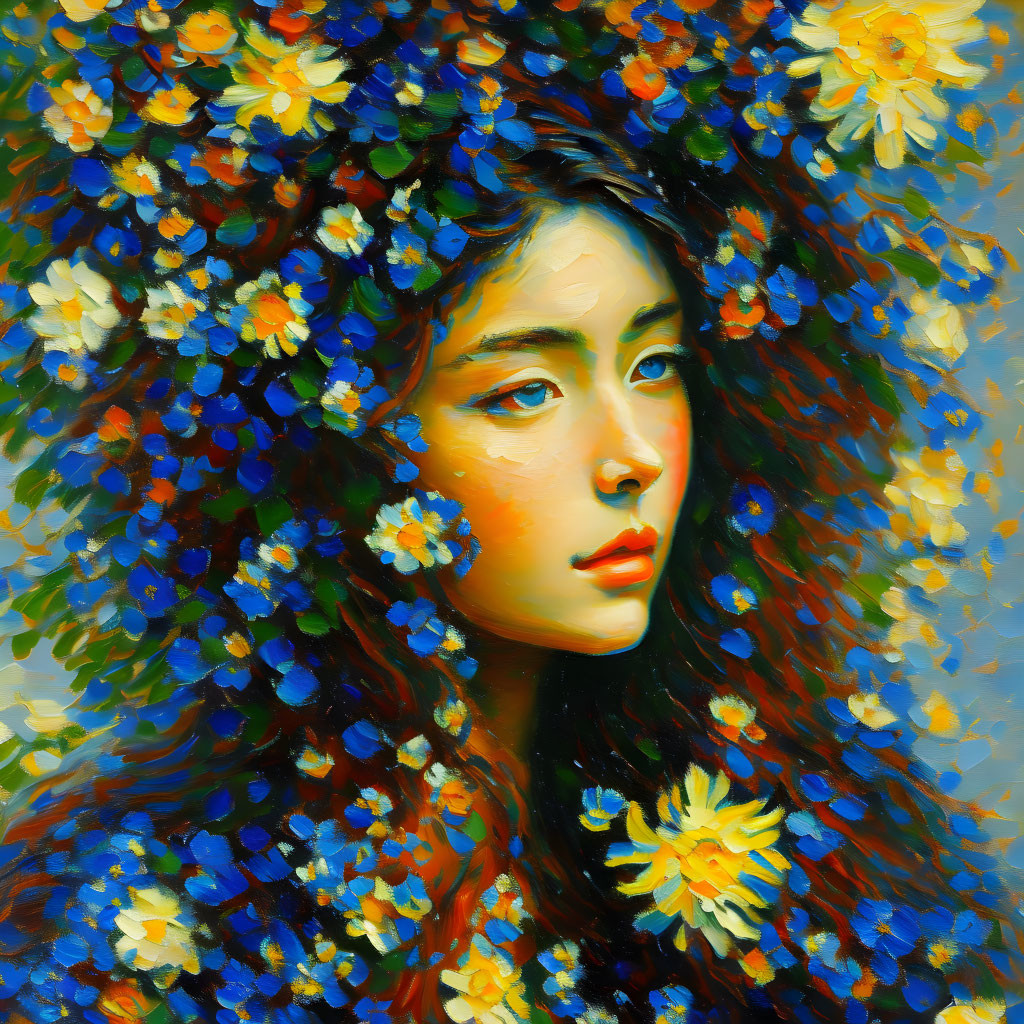 Woman with Flowers in Hair: Vibrant Impressionistic Painting