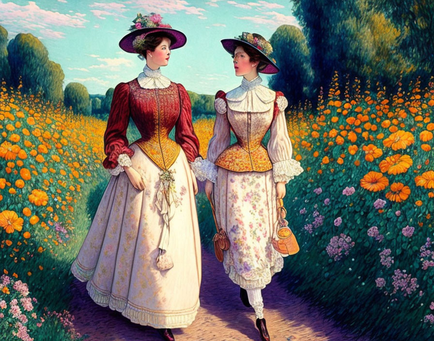 Two women in vintage clothing stroll in vibrant flower field.